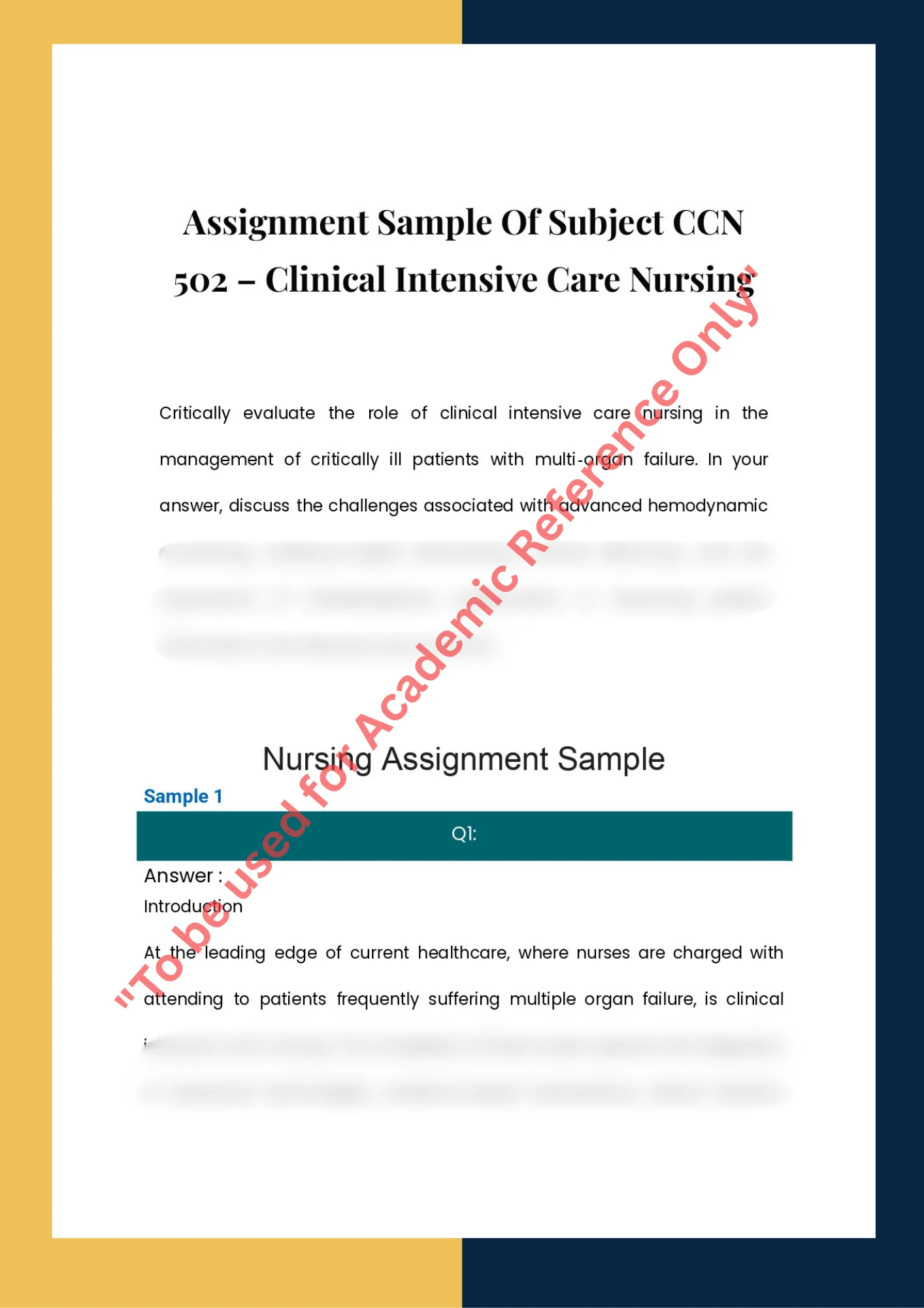 Assignment Sample Of Subject CCN 502 – Clinical Intensive Care Nursing 0